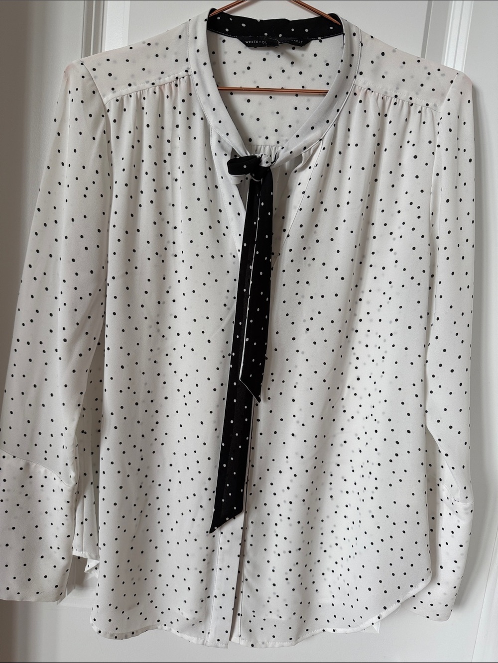 White House Black Market White Blouse with Black Polka Dots and Tie